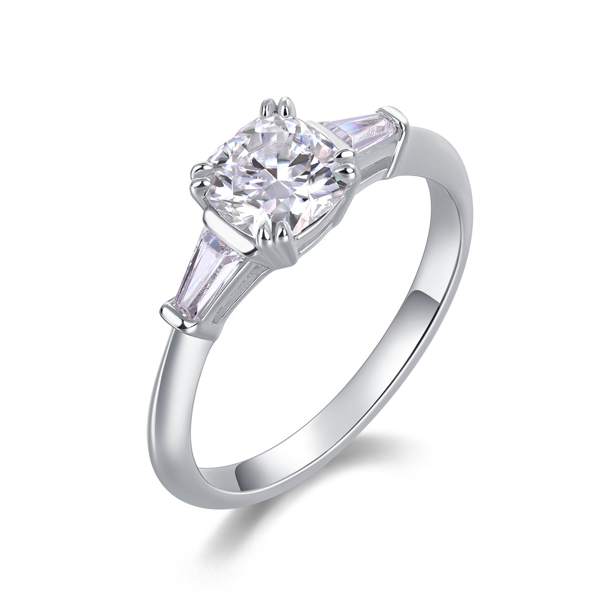 CARISSIE cushion solitaire engagement ring, angled view highlighting the 6x6mm center stone and tapered baguette side stones