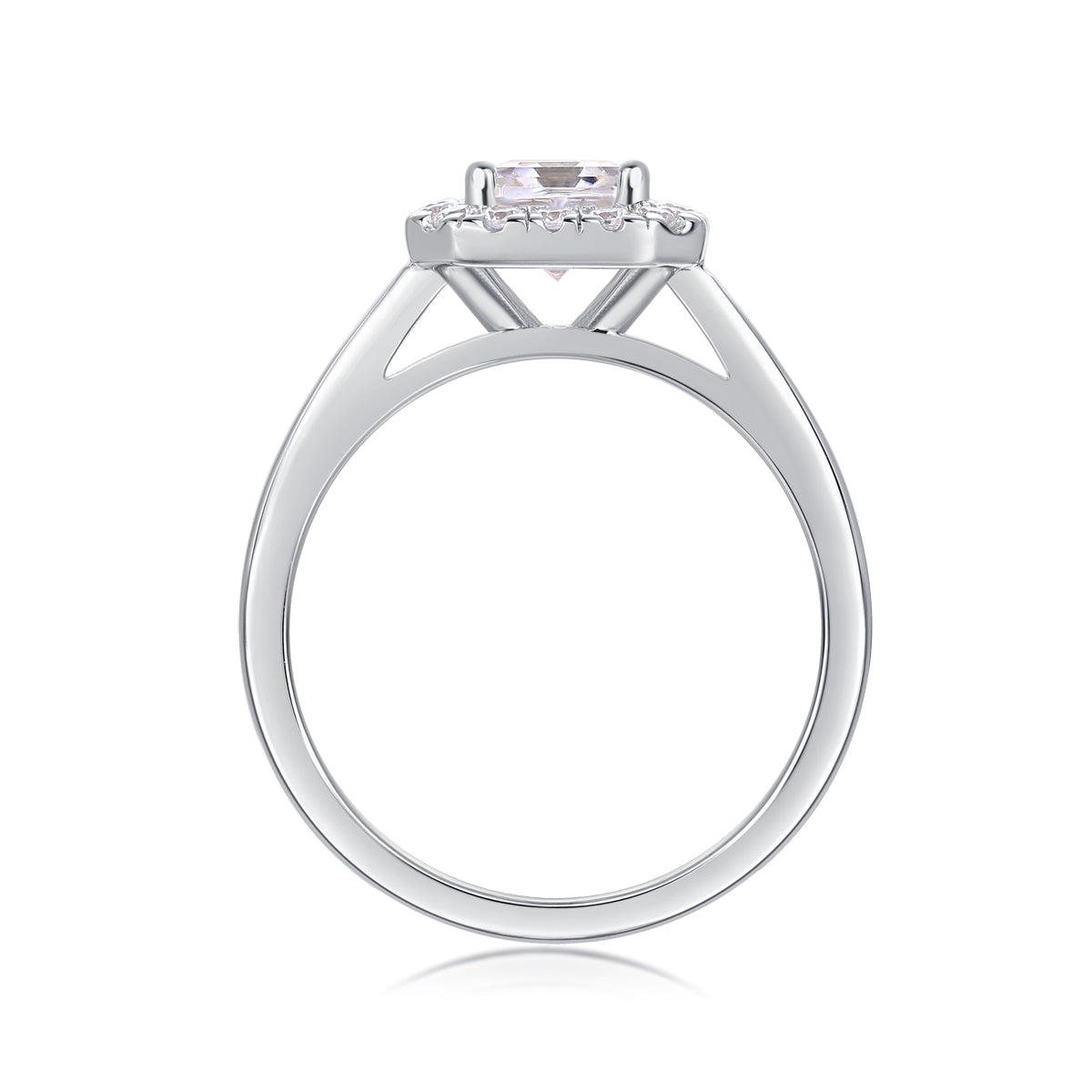 CARISSIE Asscher solitaire ring, side profile revealing the gallery rail structure beneath the setting and smooth band interior