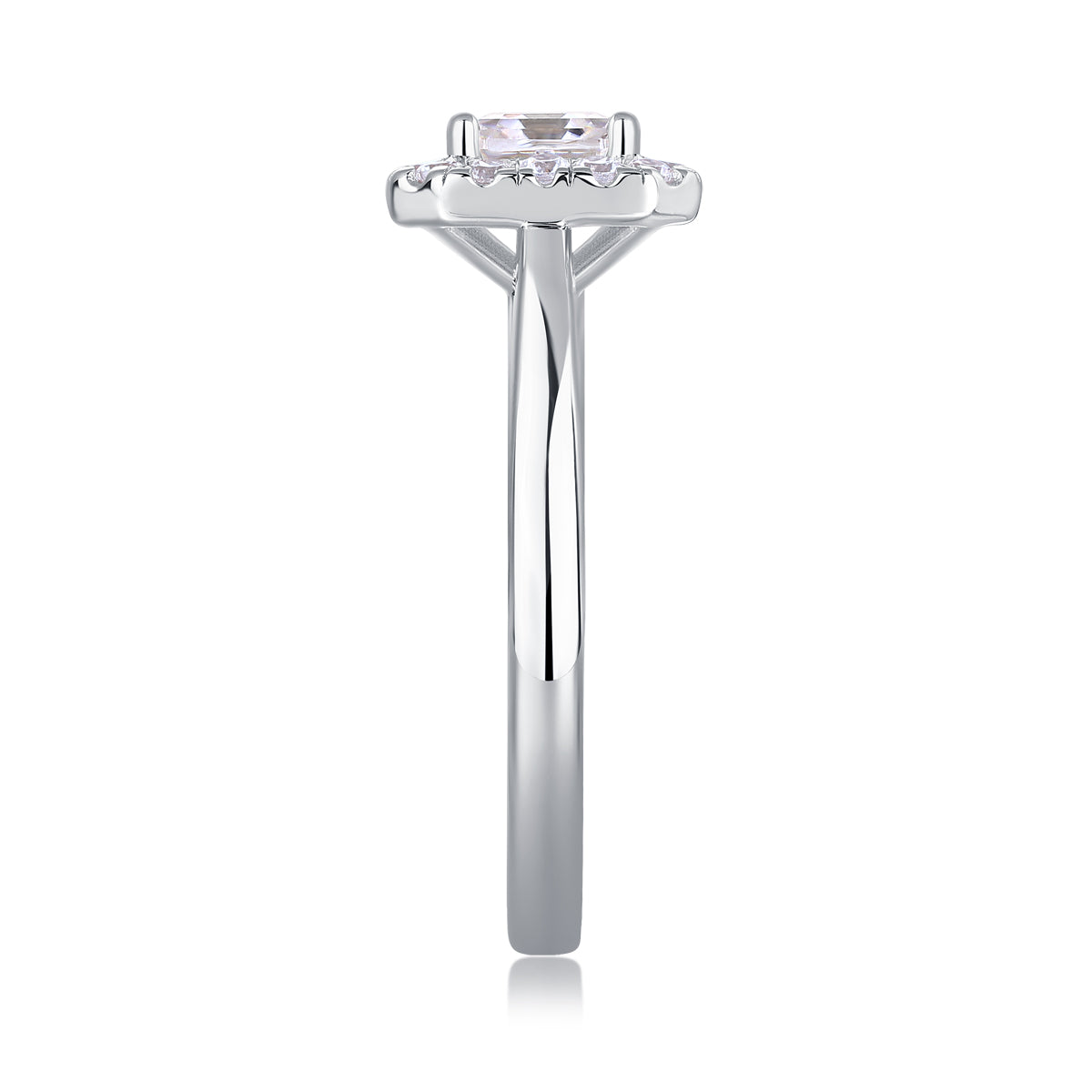 CARISSIE Asscher solitaire ring, vertical side view emphasizing the sleek taper of the shank and height of the prong setting