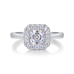 CARISSIE Asscher solitaire ring, top-down close-up showing the square geometry of the center gem surrounded by a brilliant halo