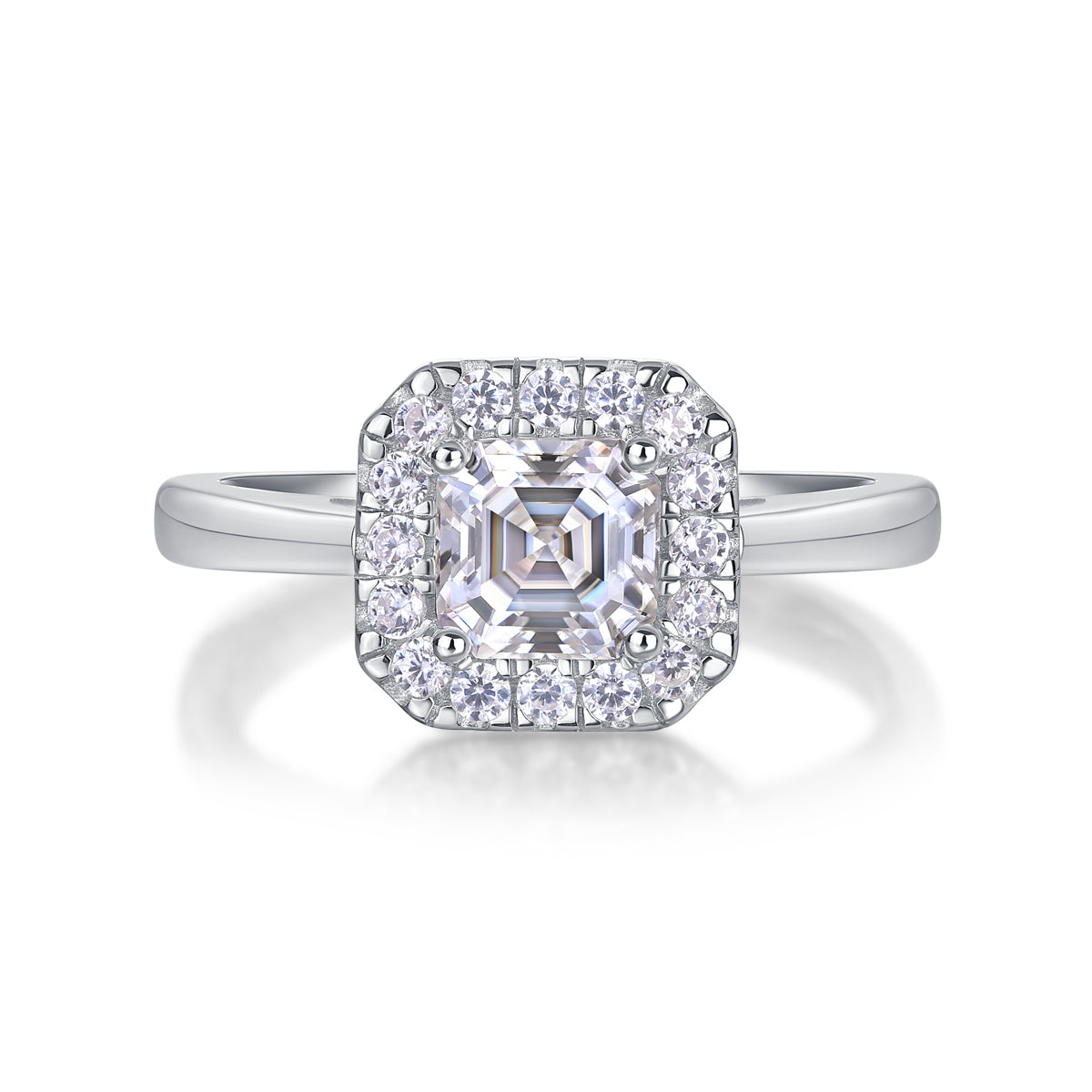 CARISSIE Asscher solitaire ring, top-down close-up showing the square geometry of the center gem surrounded by a brilliant halo