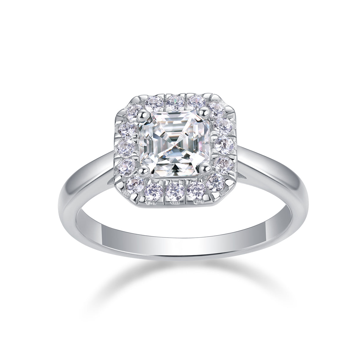 CARISSIE Asscher solitaire ring, angled view highlighting the step-cut center stone and round halo in polished silver-tone metal