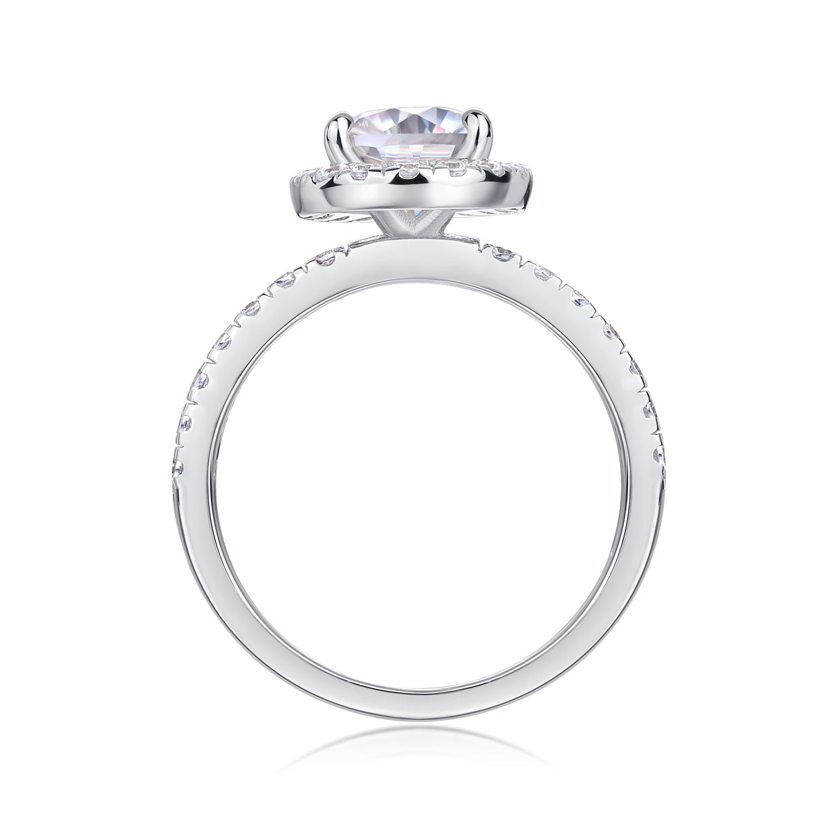 CARISSIE pear moissanite halo ring, side profile view revealing the height of the prong setting and pavé stones along the shank
