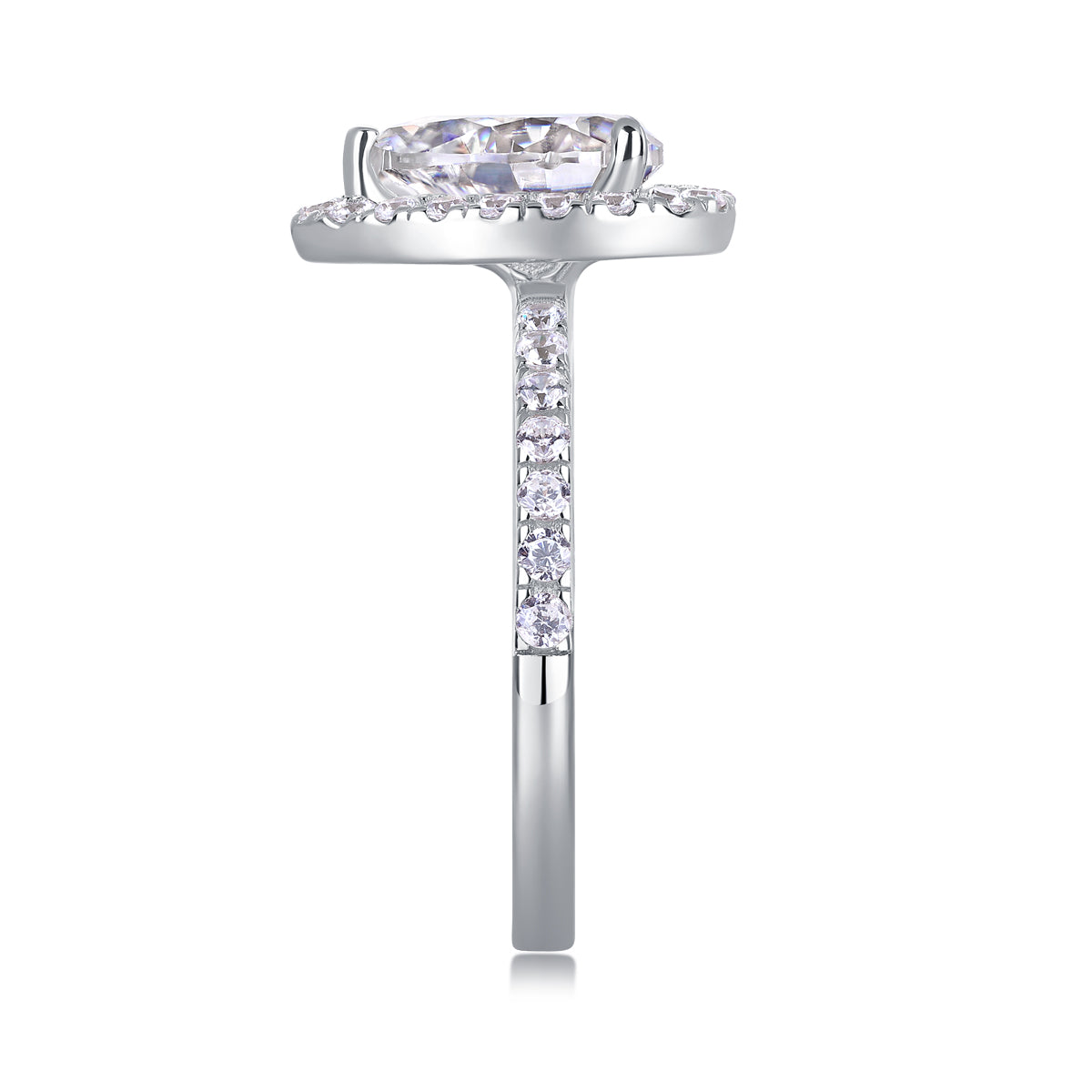 CARISSIE pear moissanite halo ring, vertical side angle emphasizing the row of pave-set diamonds extending down the metal band