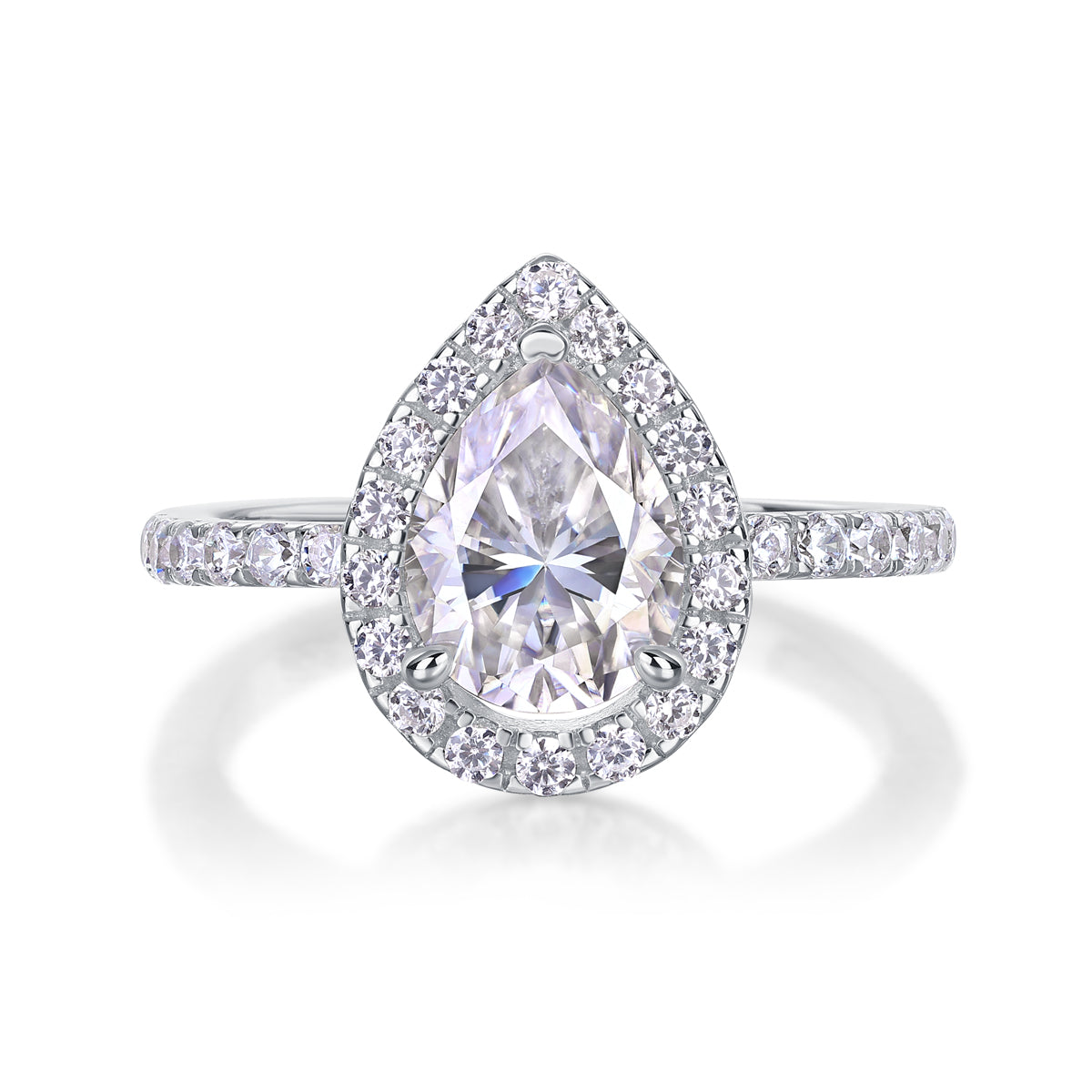 CARISSIE pear moissanite halo ring, direct top-down view showcasing the full teardrop shape of the center gemstone and halo