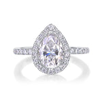 CARISSIE pear moissanite halo ring, direct top-down view showcasing the full teardrop shape of the center gemstone and halo