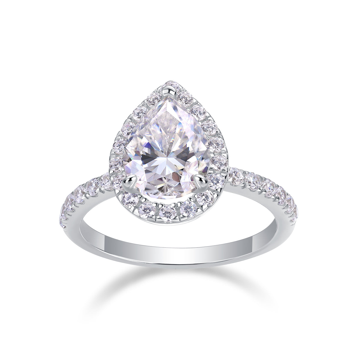 CARISSIE pear moissanite halo ring, angled front view highlighting large center stone and round accent stones in silver setting