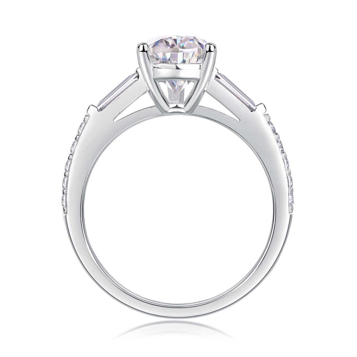 CARISSIE pear moissanite ring interior profile, revealing the smooth silver band and pavé-set round stones along the shoulders