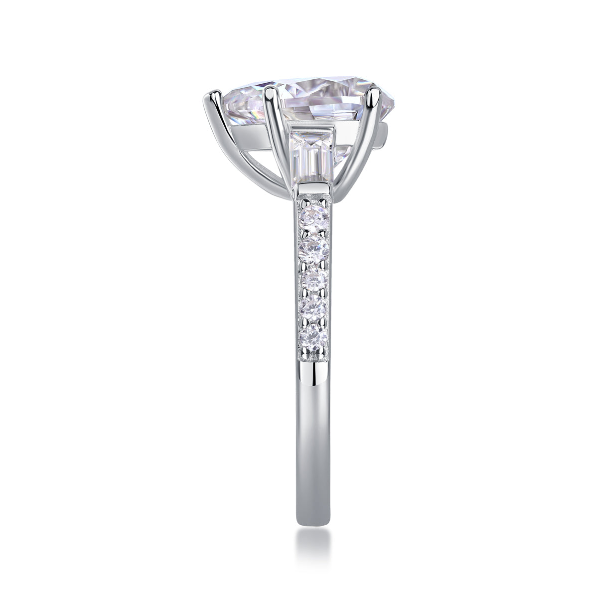 CARISSIE pear moissanite ring side profile, displaying the height of the setting and channel-set diamonds on the shank