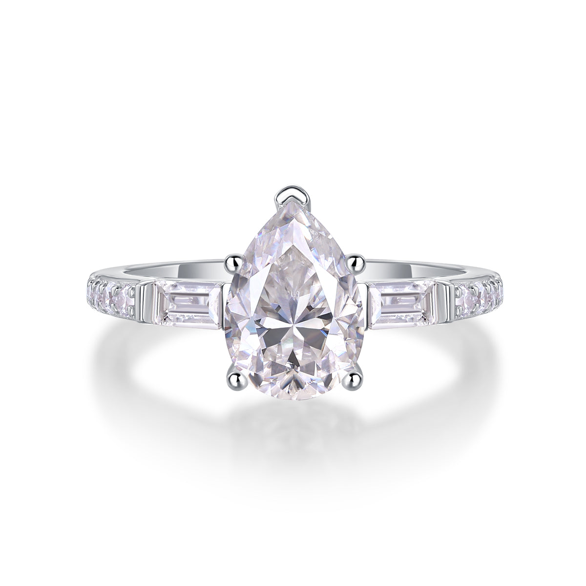 CARISSIE pear moissanite engagement ring top-down shot, showcasing the prong setting and sparkle of the center gem
