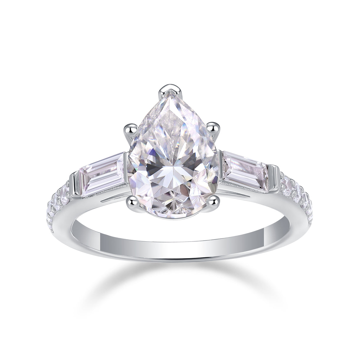 CARISSIE pear cut moissanite ring front view, featuring a brilliant center stone flanked by rectangular baguette side stones
