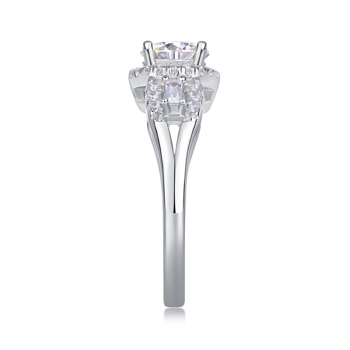 CARISSIE round moissanite halo engagement ring side profile close-up, detailing the height of the setting and the elegant split shank design