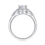 CARISSIE round moissanite halo engagement ring bottom view, revealing smooth interior band and gallery structure