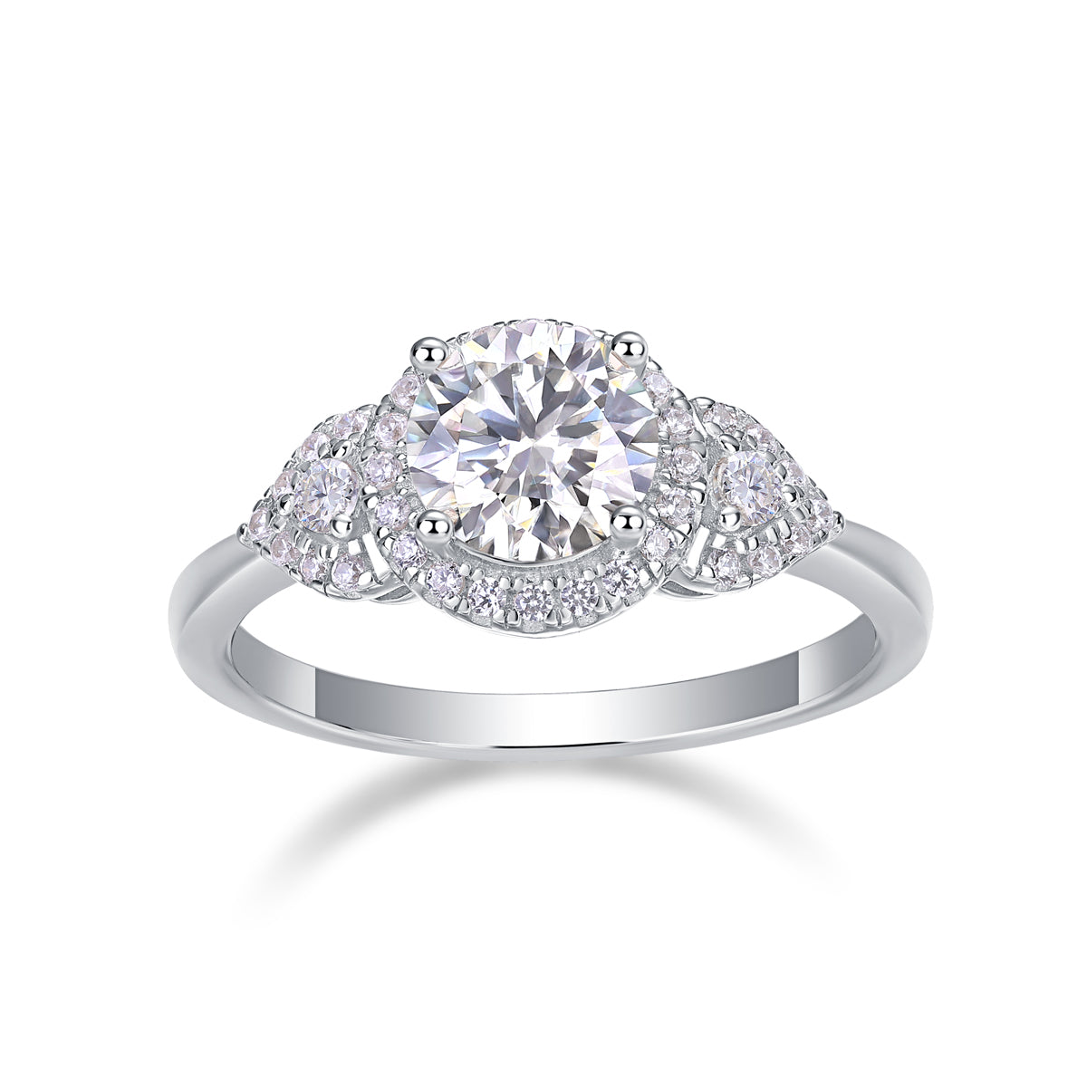 CARISSIE round moissanite halo engagement ring front view, displaying four-prong setting and polished silver band