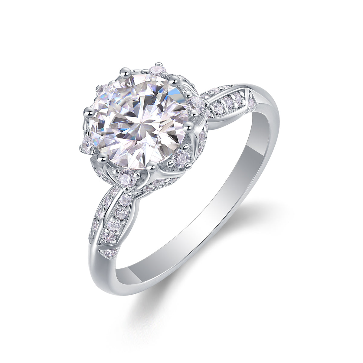 CARISSIE round moissanite halo engagement ring, angled view showing floral metalwork and pavé split shank band