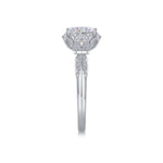 CARISSIE round moissanite halo engagement ring, side profile displaying the high setting and detailed gallery work
