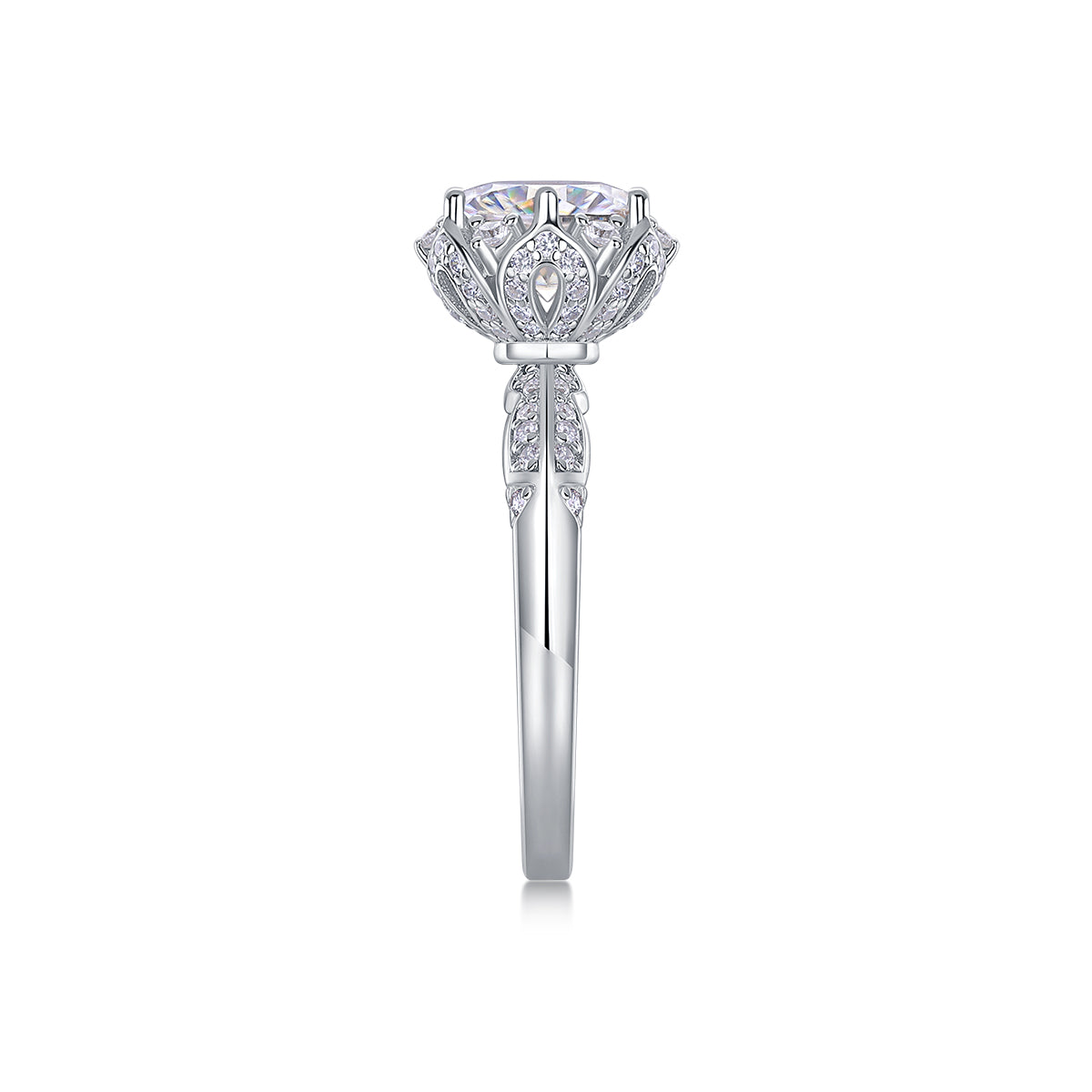 CARISSIE round moissanite halo engagement ring, side profile displaying the high setting and detailed gallery work