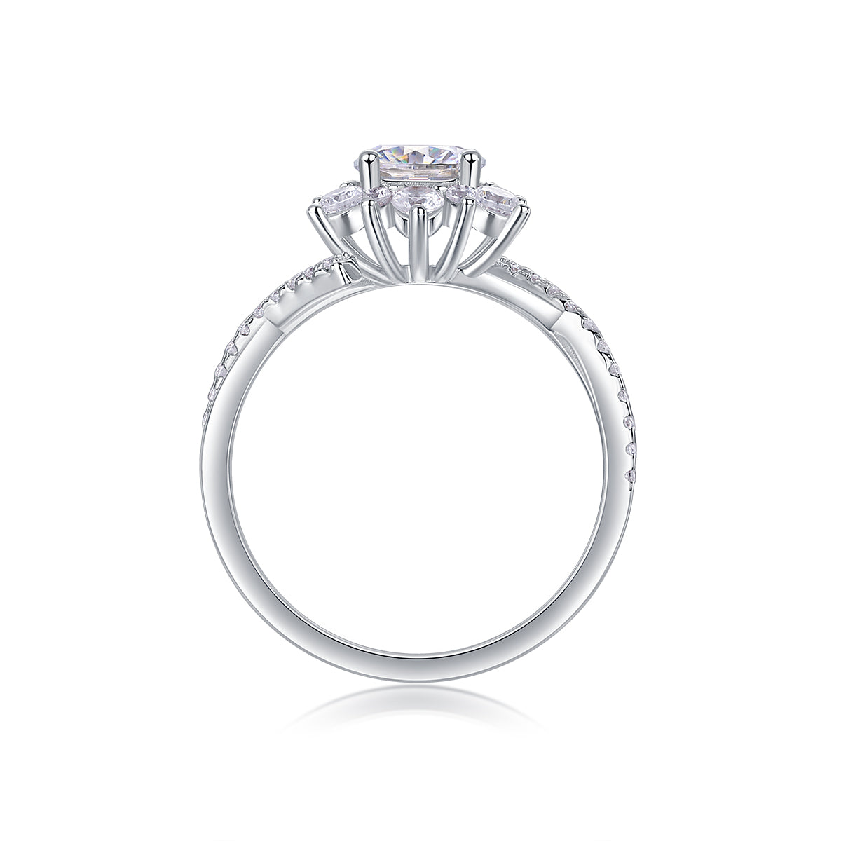 CARISSIE round moissanite halo engagement ring, top-down view revealing the circular band structure and symmetrical prong setting