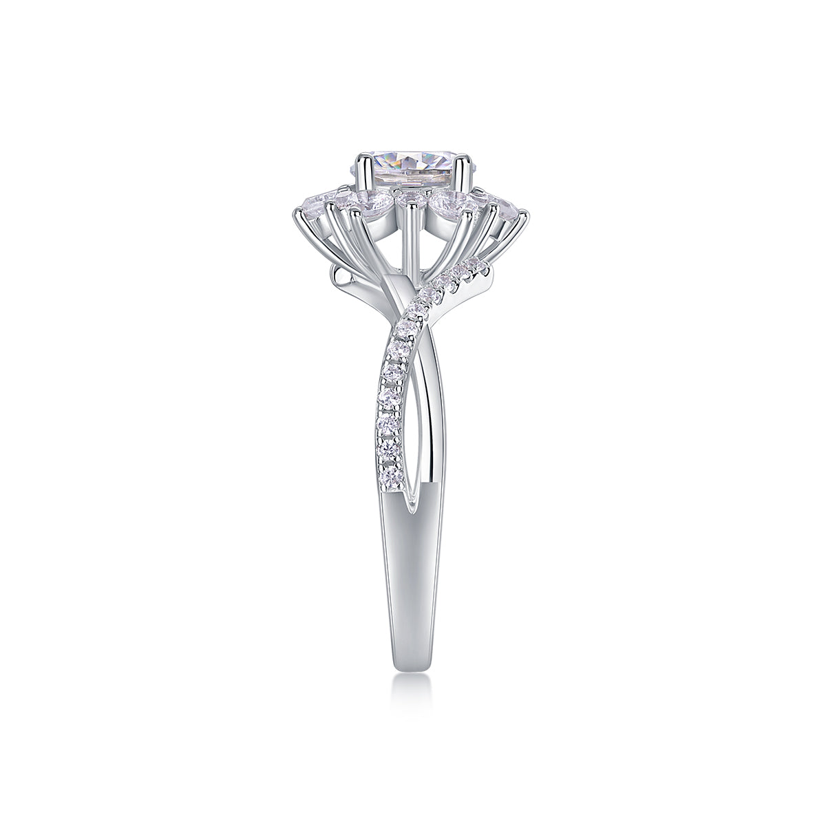 CARISSIE round moissanite halo engagement ring, side profile emphasizing the elegant curve of the open-work split shank design