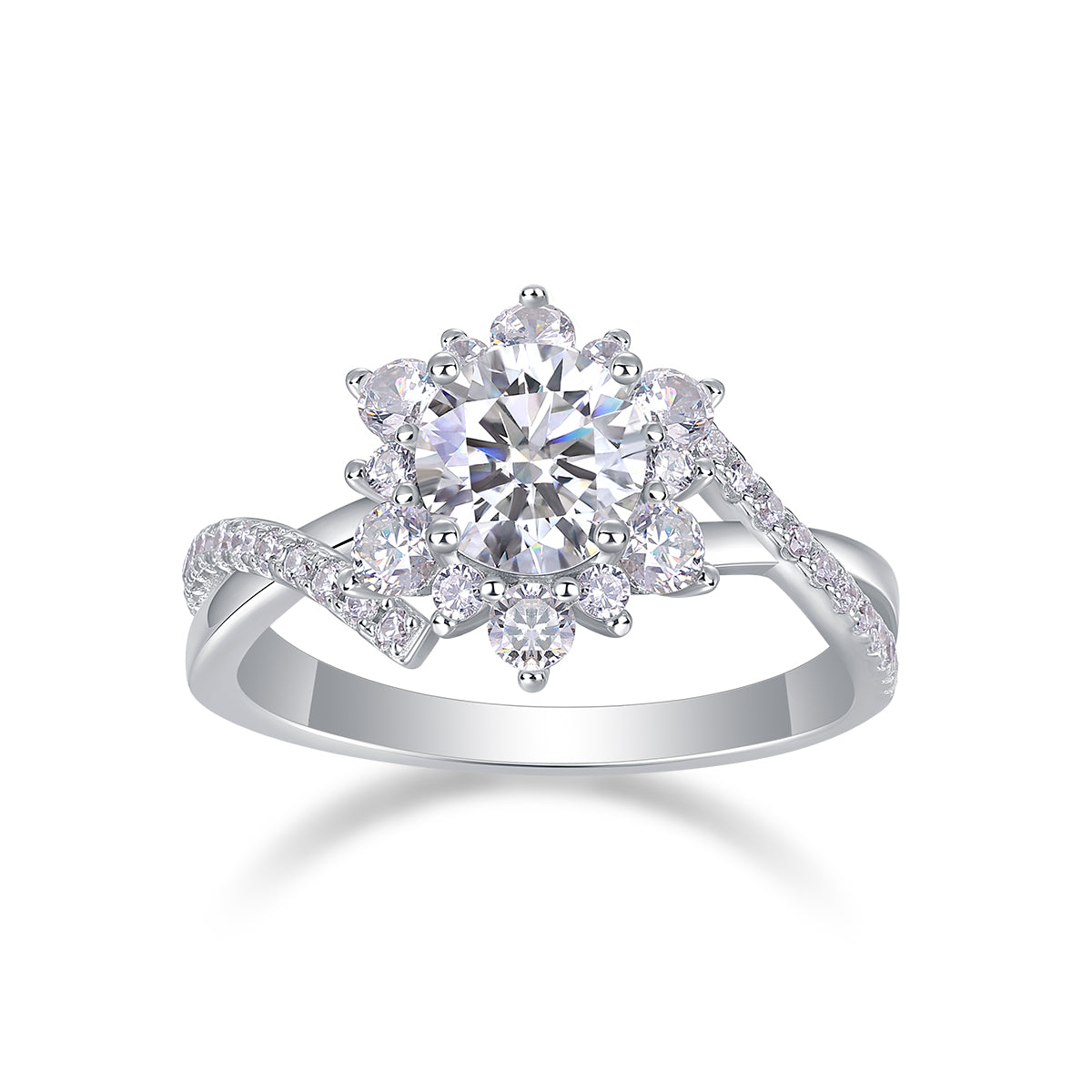 CARISSIE round moissanite halo engagement ring, front view displaying the brilliant center stone surrounded by a radiant flower halo