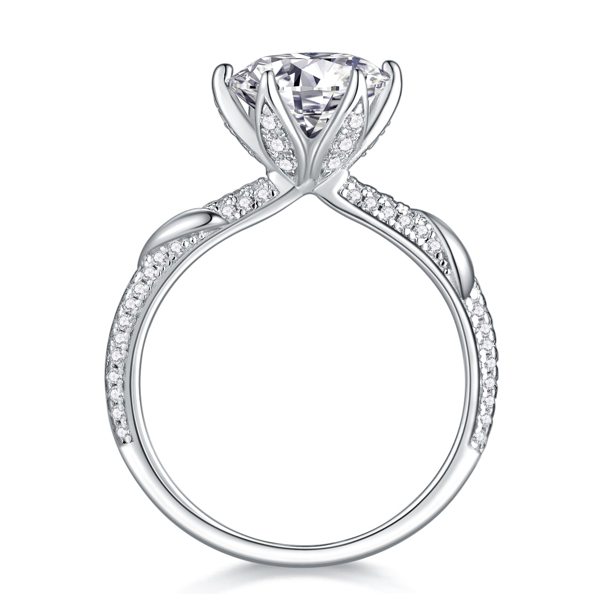 CARISSIE round moissanite solitaire ring top-down view emphasizing the open split-shank design and circular band shape