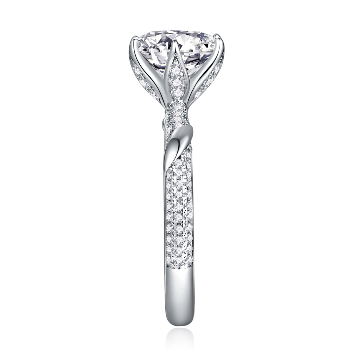 CARISSIE round moissanite solitaire ring side profile revealing detailed pavé work along the inner band and smooth shank