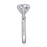 CARISSIE round moissanite solitaire ring side profile revealing detailed pavé work along the inner band and smooth shank