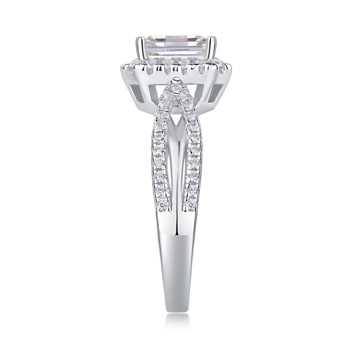 CARISSIE emerald cut moissanite halo ring side profile, emphasizing the height of the setting and pavé stones on the shank