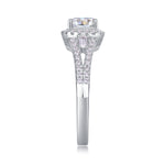 CARISSIE cushion moissanite halo ring side profile, emphasizing the height of the setting and pavé detailing on band