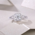 CARISSIE cushion moissanite halo ring top-down view, capturing full brilliance of center stone and symmetrical double halo