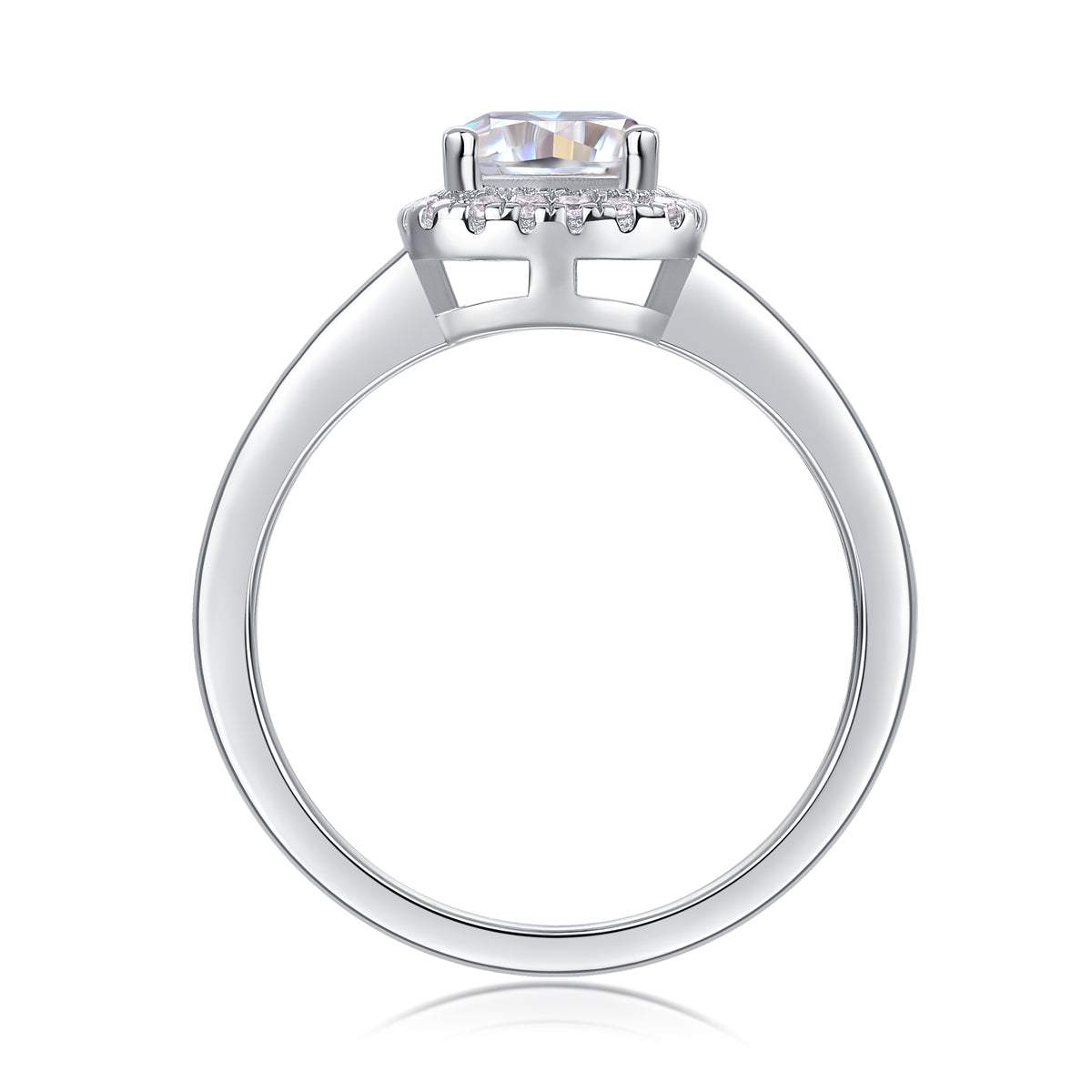 CARISSIE cushion moissanite halo ring side profile, revealing the gallery structure and open split shank beneath the setting