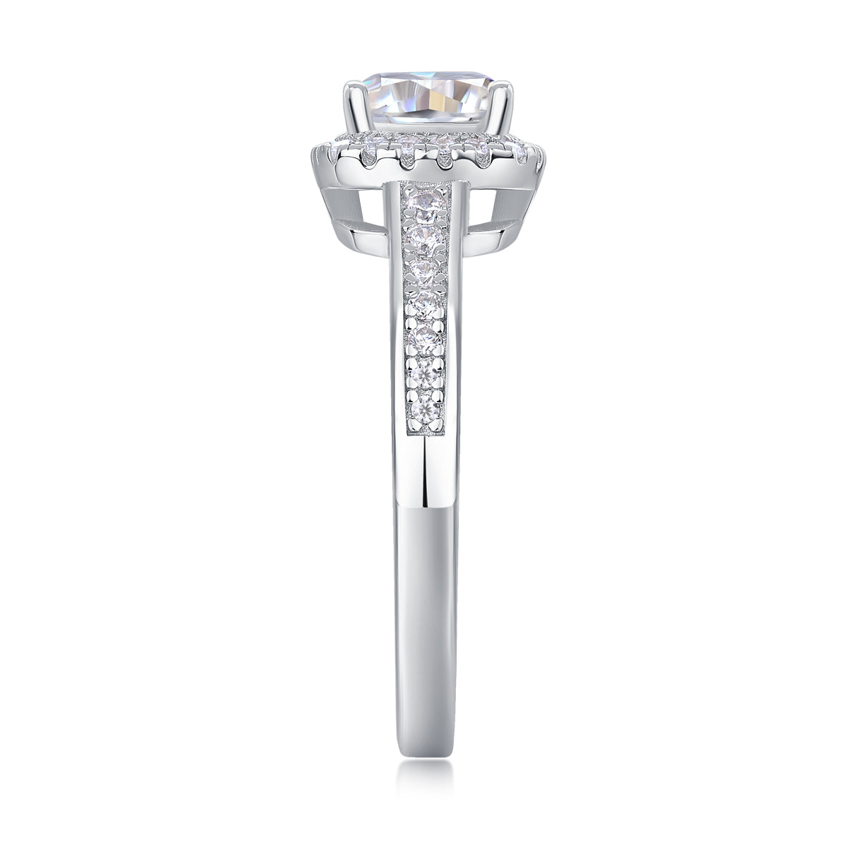 CARISSIE cushion moissanite halo ring top-down view, showcasing the continuous line of pavé stones along the bridge
