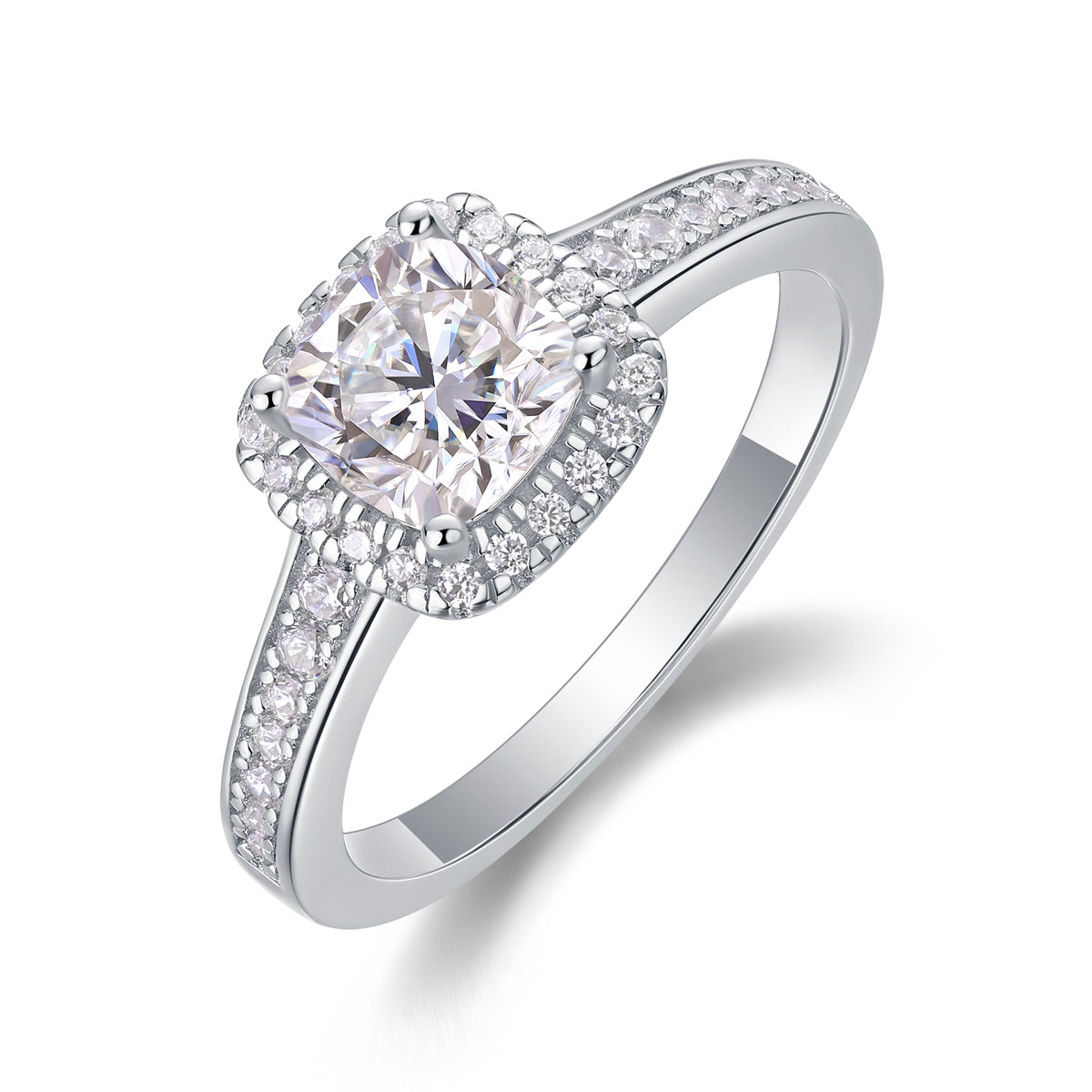 CARISSIE cushion moissanite halo ring studio shot, close-up of prong-set center stone and inner halo details in white metal