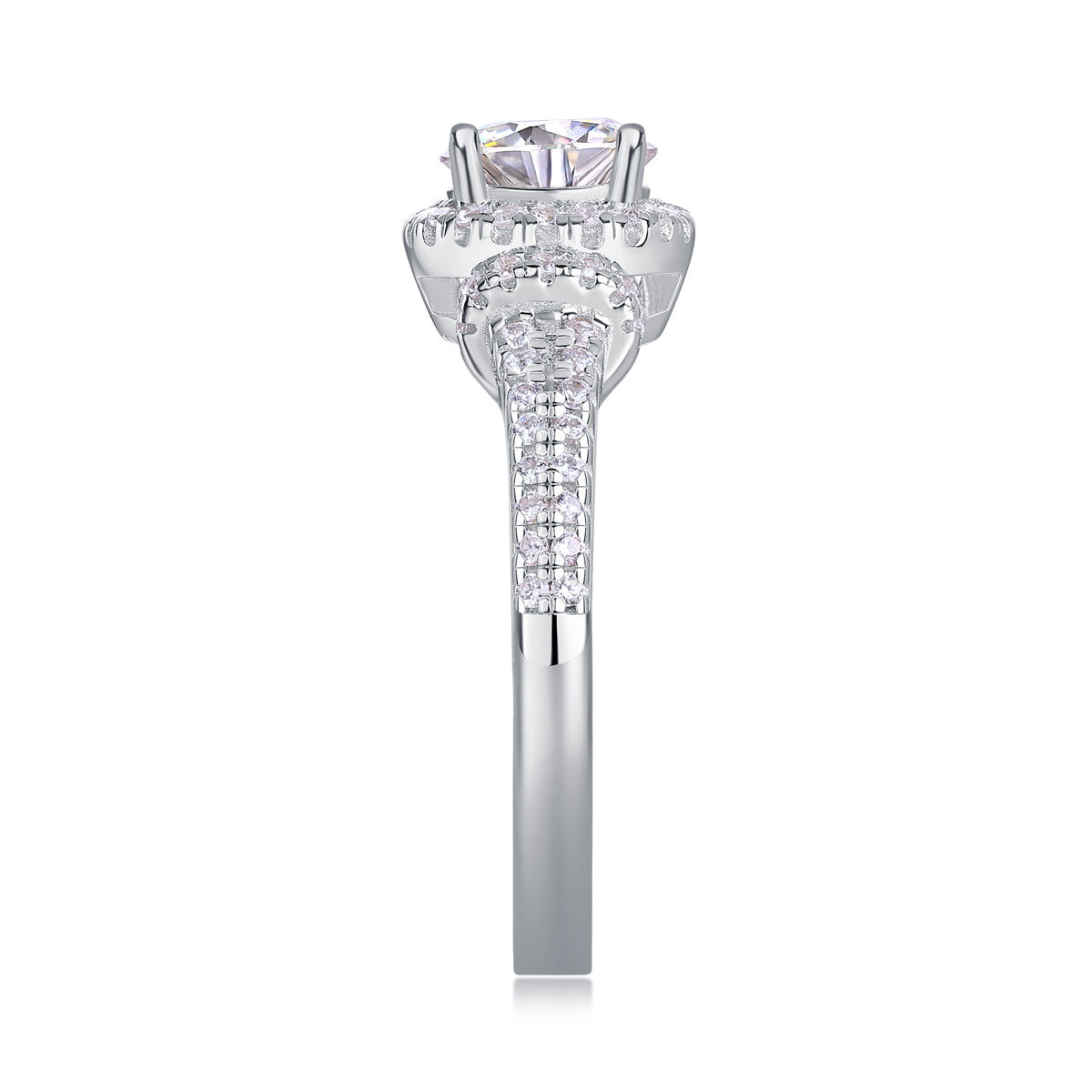 CARISSIE round moissanite halo ring side profile showcasing the height of the prong setting and detailed pavé shank