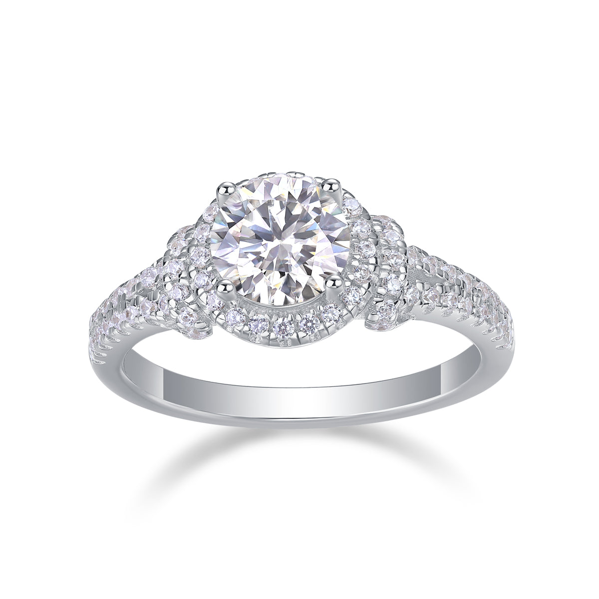 CARISSIE round moissanite halo ring angled studio shot displaying the triple-row diamond effect and silver-tone metal finish