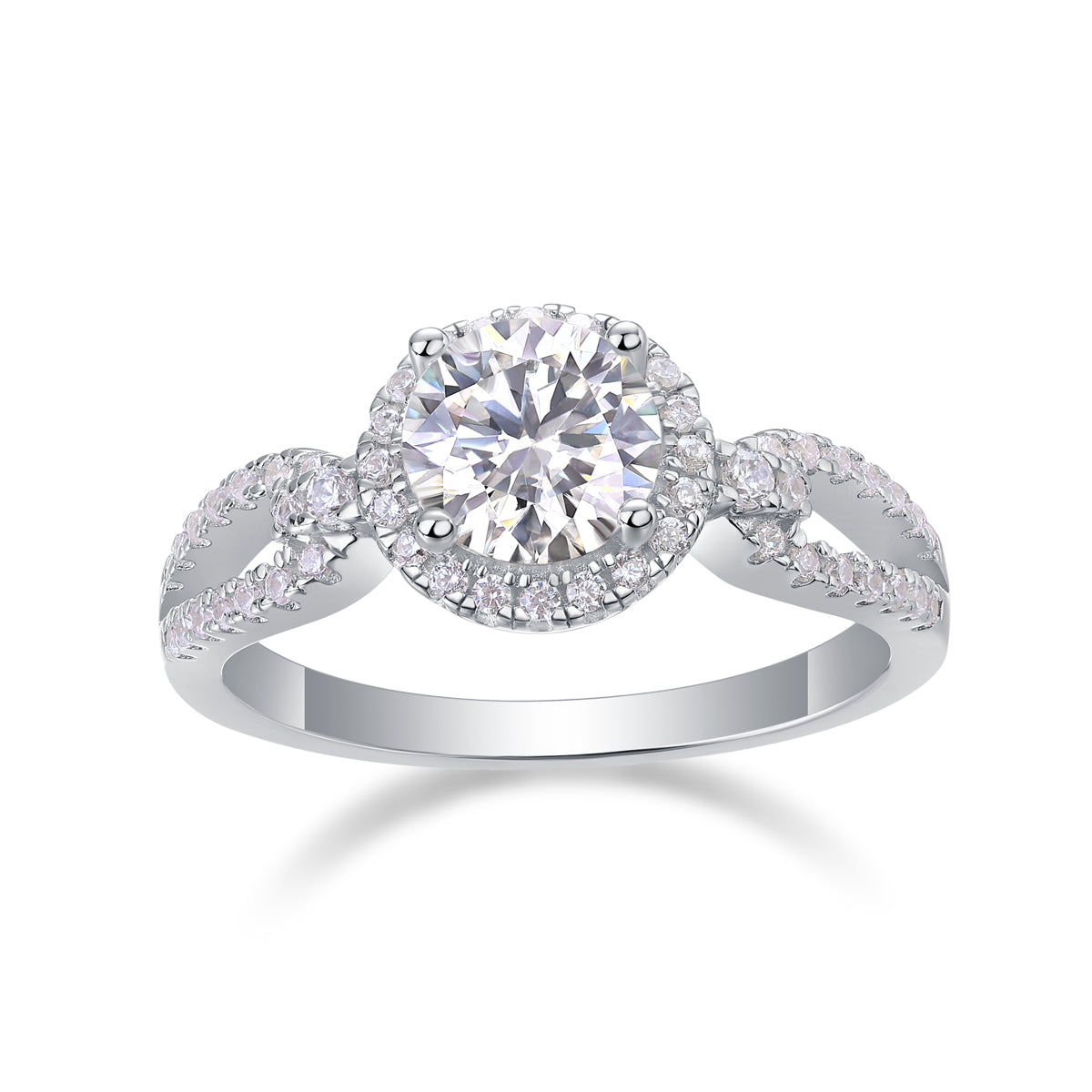 CARISSIE round moissanite halo ring, front view showcasing the brilliant center stone and encrusted split shank design