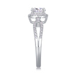 CARISSIE round moissanite halo ring, straight side profile emphasizing the open split shank and polished silver finish