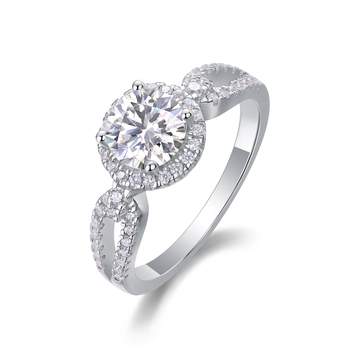 CARISSIE round moissanite halo ring, angled studio shot displaying prong setting details and pavé stones on the band