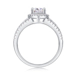 CARISSIE round moissanite halo ring side profile, displaying the gallery structure and pavé-set split shank