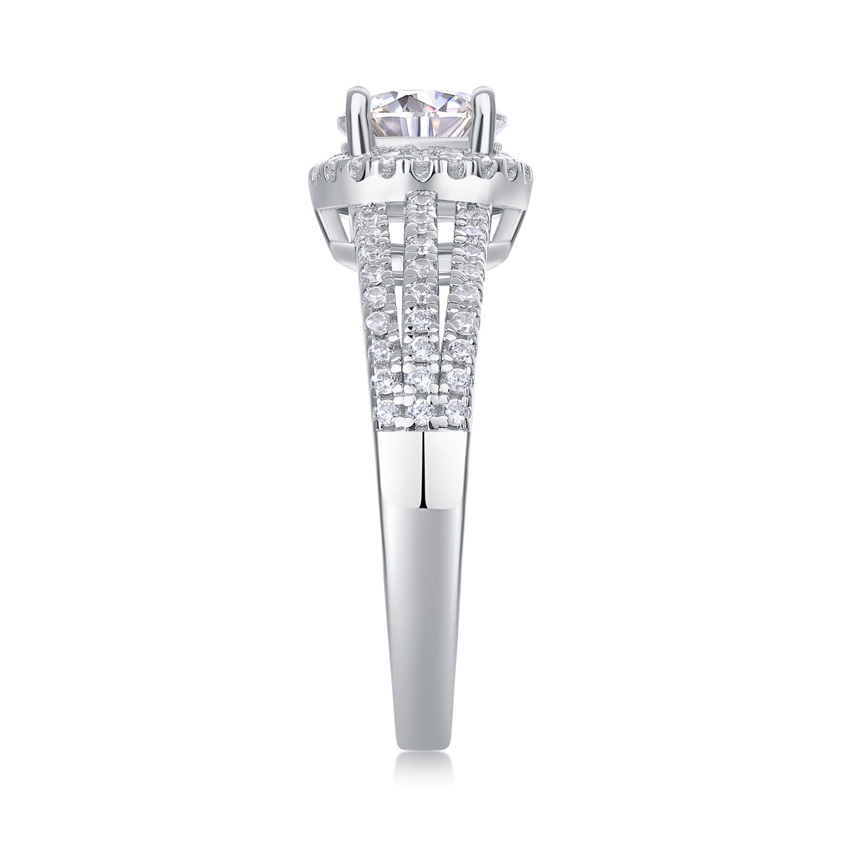 CARISSIE round moissanite halo ring top-down view, revealing the full layout of the split shank design
