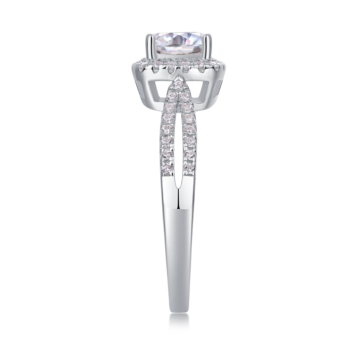 CARISSIE cushion moissanite halo engagement ring, rear vertical view showcasing the gap between split shanks and metal finish