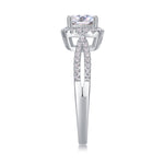 CARISSIE cushion moissanite halo engagement ring, rear vertical view showcasing the gap between split shanks and metal finish
