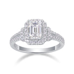 CARISSIE emerald cut moissanite halo ring front view, showcasing double halo and center stone clarity