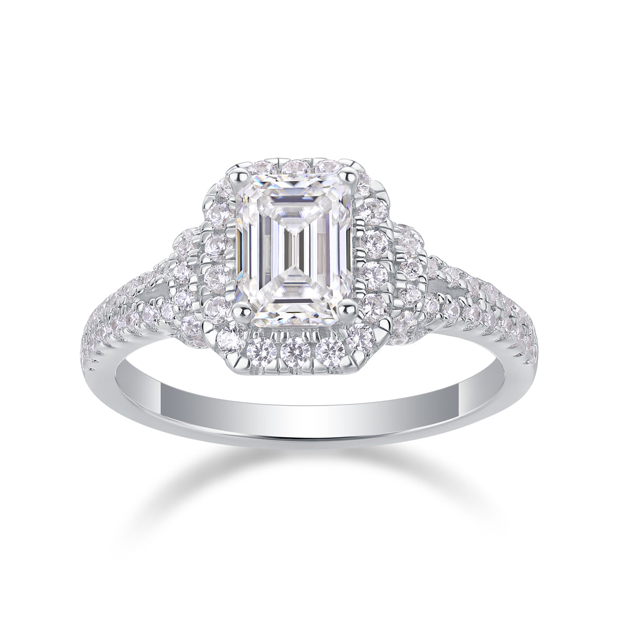 CARISSIE emerald cut moissanite halo ring front view, showcasing double halo and center stone clarity