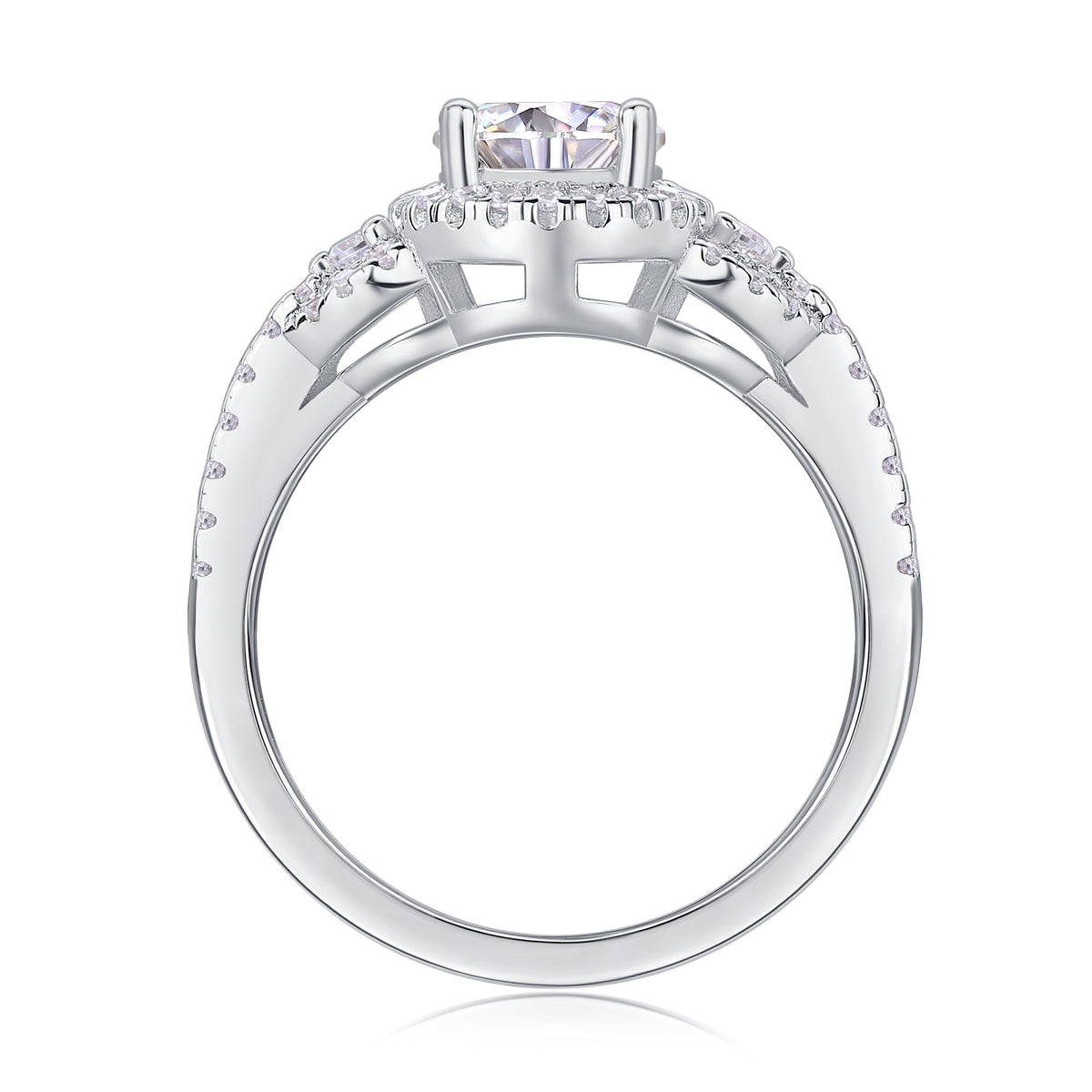 CARISSIE round moissanite halo ring, interior view revealing the gallery structure and pave-set stones along the inner shank