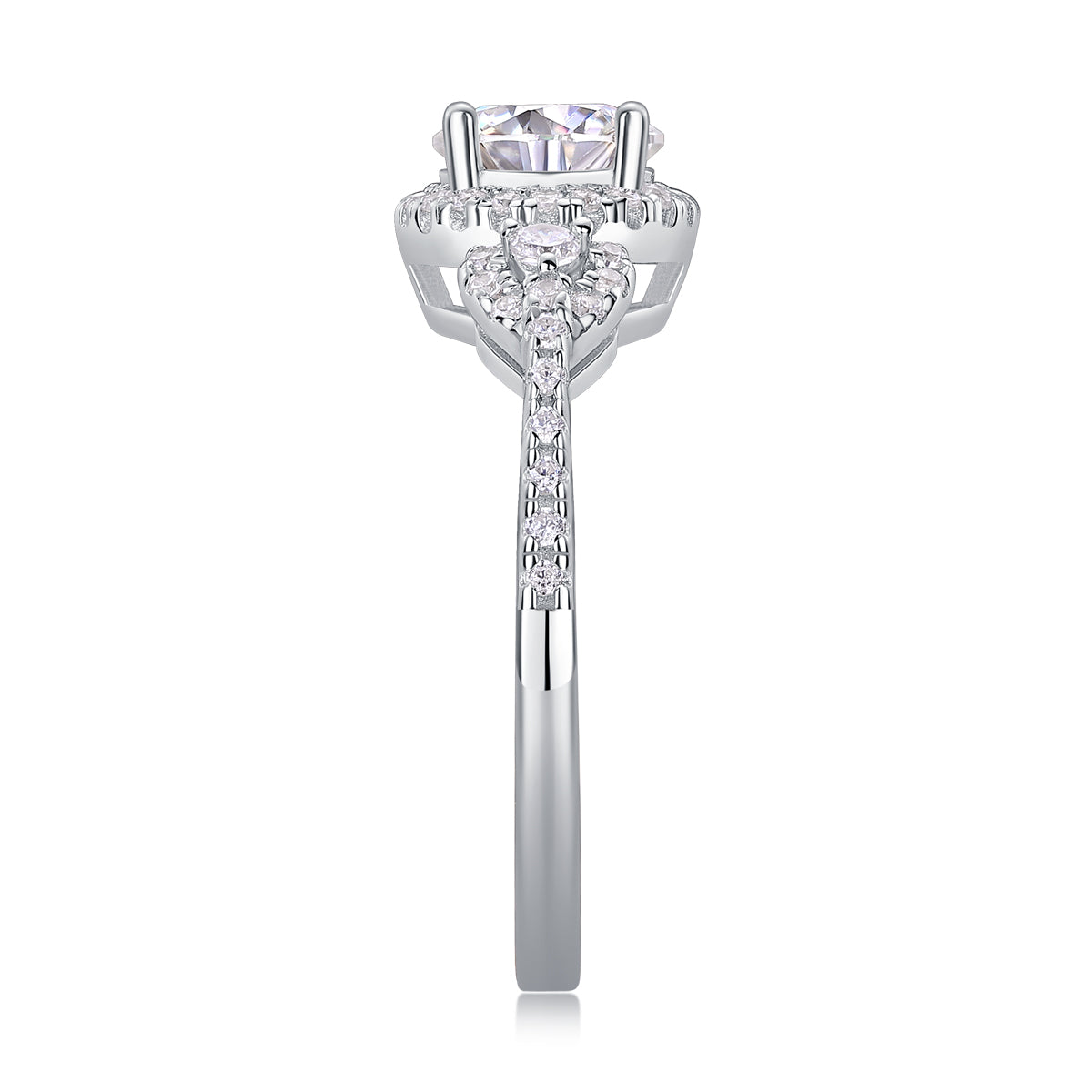 CARISSIE round moissanite halo ring, top-down view showcasing the four-prong setting and symmetrical arrangement of accent stones
