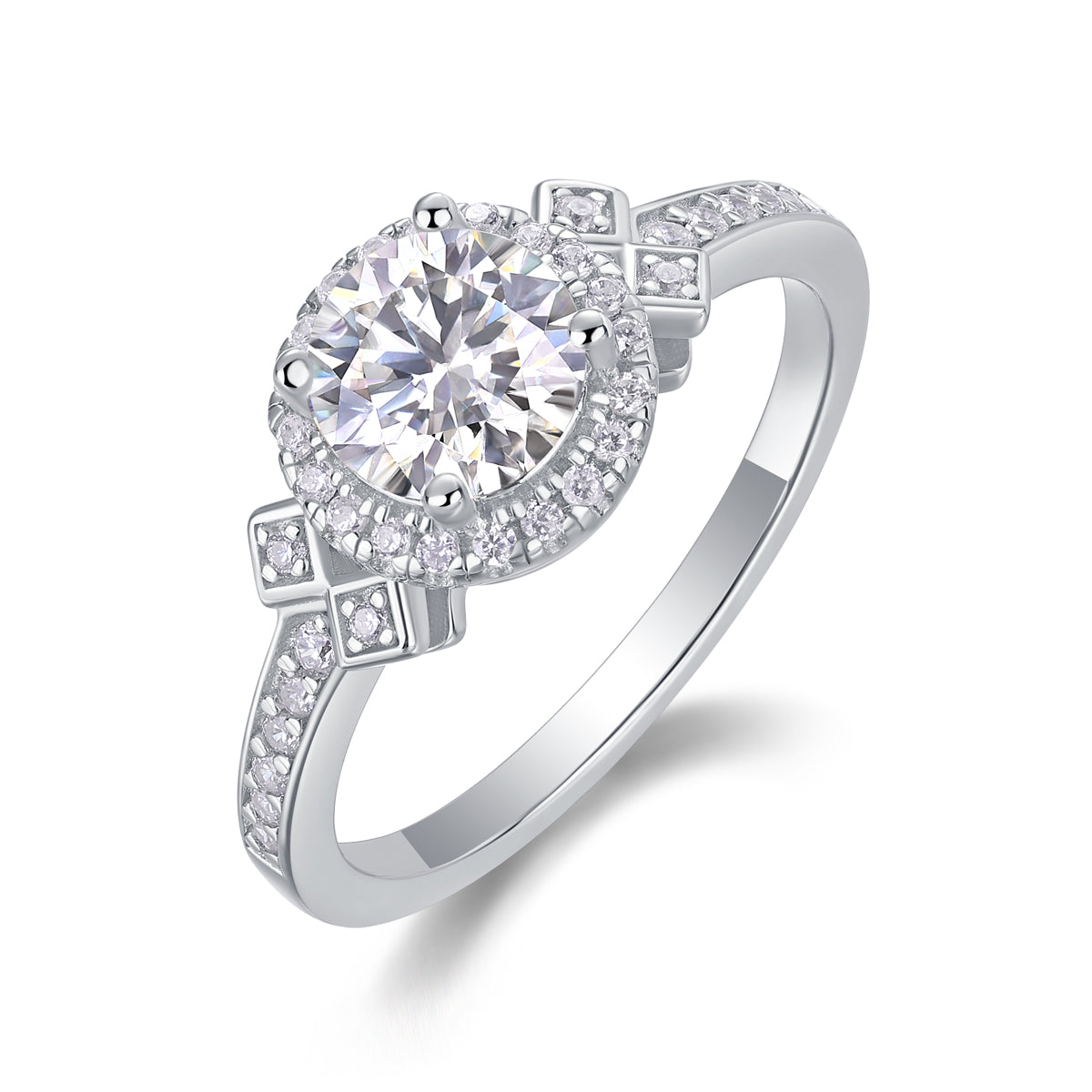 CARISSIE round moissanite ring angled view, showcasing the prong-set center stone and pavé band in polished silver metal