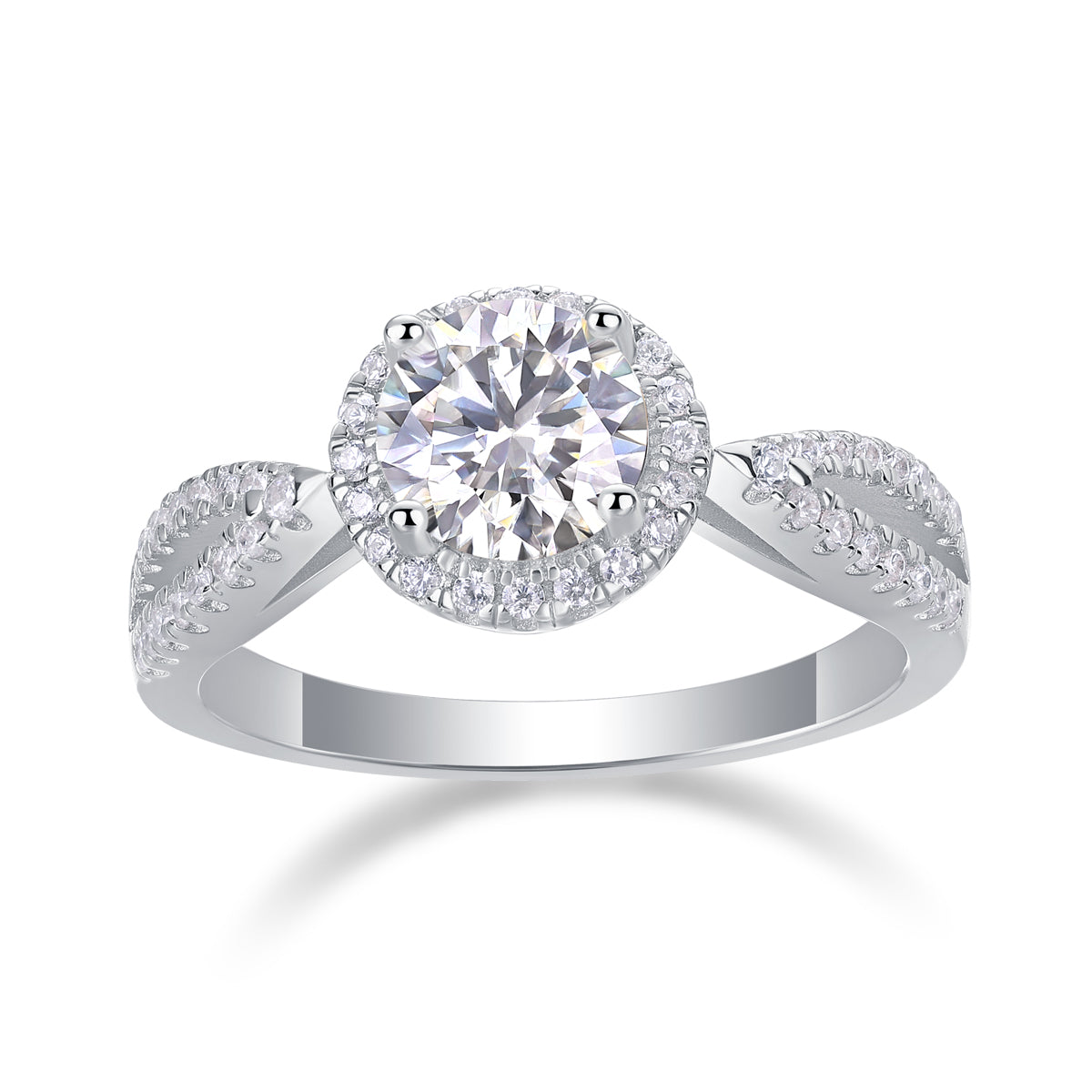 CARISSIE round moissanite halo ring, front view displaying the brilliant center stone and full halo of accent stones