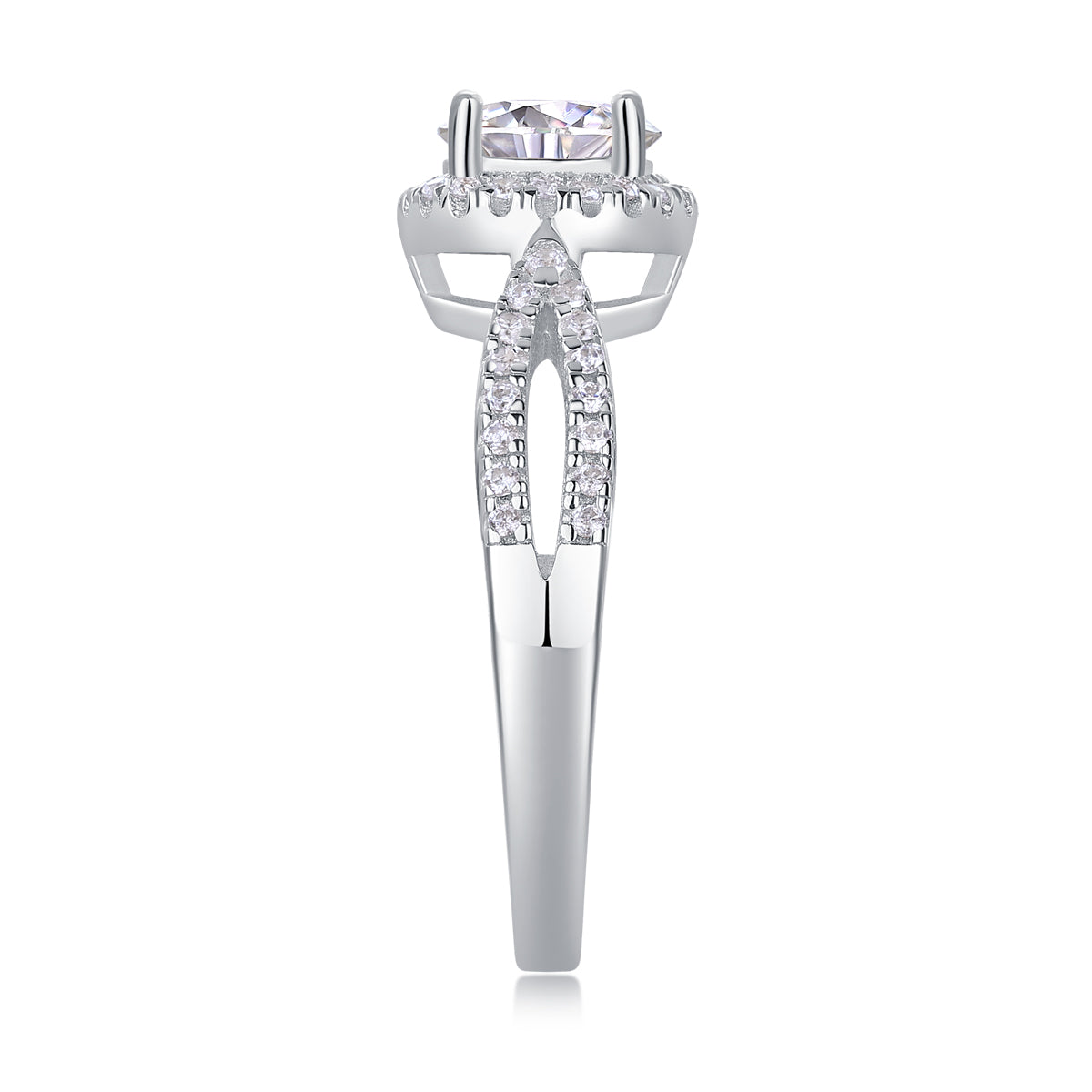 CARISSIE round moissanite halo ring, direct side view emphasizing the height of the setting and detailed pave work