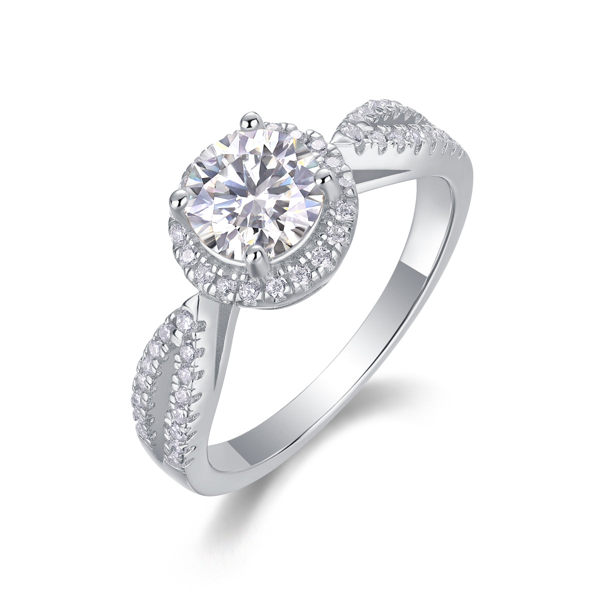 CARISSIE round moissanite halo ring, angled studio shot revealing prong setting and pavé stones on the twisted band